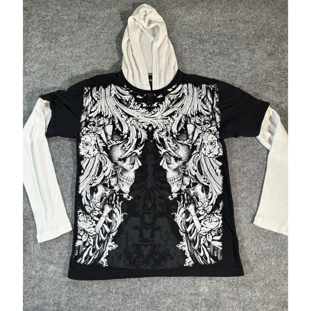Vtg Y2K MMA Elite Mens L Skeleton Skull Layered Thermal Knit Hoodie T-Shirt